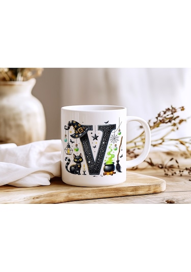 V Harfli Halloween Kedili Figür Kupa Bardak - Şapkalı Ve Kazanlı İsme Özel Kupa - Hediye Beyaz