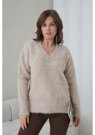 Kadın V Yaka Sakal Dokulu Şardonlu Oversize Triko Kazak 8695 Vizon
