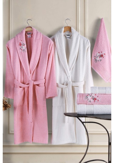 Newhome Mimoza 6 Parça Kutulu %100 Pamuk Aile Bornoz Seti Pembe/krem Karışık