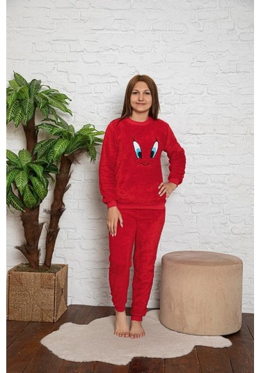Civciv Desenli Anne Kız Çocuk Kombin Peluş Pijama Takımı Anne Kız Ayrı Satılır. Kırmızı