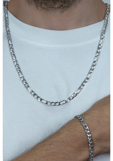 Figaro Erkek Çelik Kolye Bileklik Zincir Set Seçenekli Ack06T Beyaz