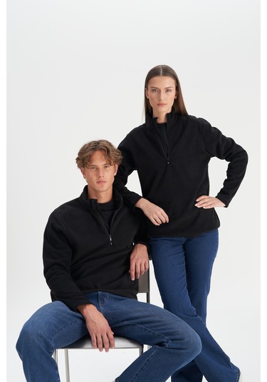 Erkek Sıyah Anti-pilling Tüylenme Yapmayan Standart Fit Dik Yaka Polar Sweatshirt Siyah