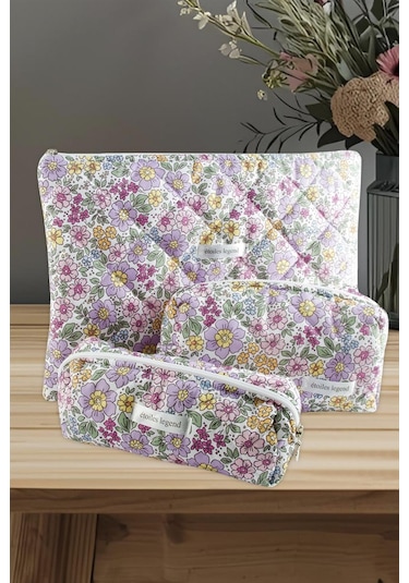 Takçalıştır Çiçek Desenli Kalem Makyaj Labtop Bilgisayar Set Çantası Ebruli
