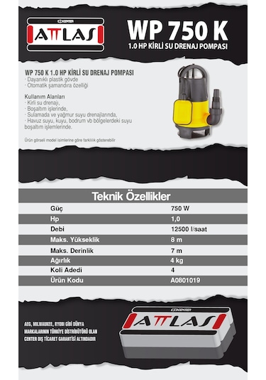 Attlas Wp 750 K Kirli Su Pompası 8 M 750 W 1 Hp - A0801019