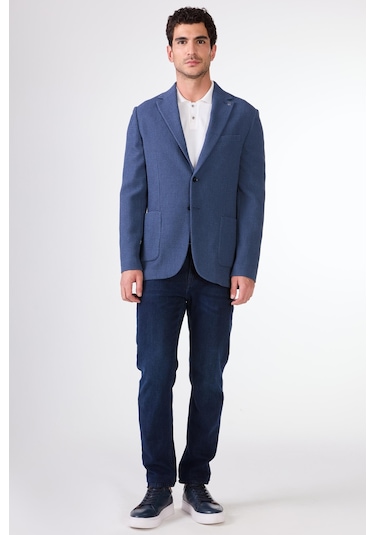Dufy Mavi Erkek Slim Fit Desenli Mono Yaka Ceket - 95376 Mavi