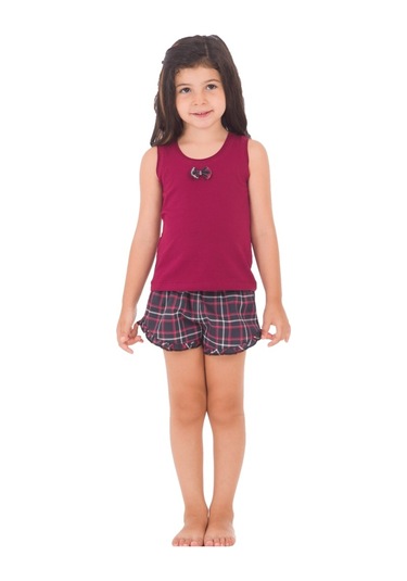 The Don Aile Bordo Ekose Desenli Kız Çocuk Şort Takımı (9-14 Yaş)