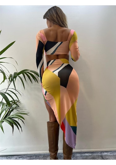 Renkli Desenli Sandy Kumaş Tokalı Uzun Kollu İkili Takım Çok Renkli