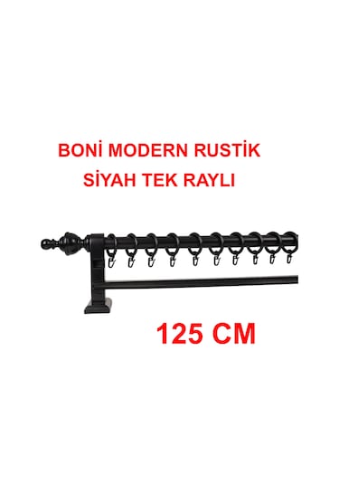 Boni Modern Rustik Ahşap Rustik Perde Askısı Tek Raylı-siyah 125 Cm Siyah