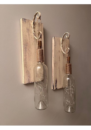 Tıpa Peri Led Işıklı Krem Kahve Cam Şarap Şişesi Duvar Aplik 2'li Çok Renkli