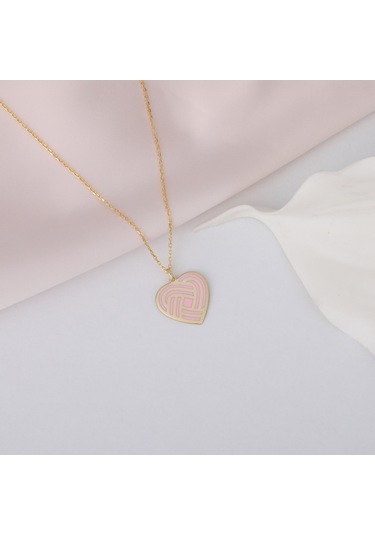 925 Ayar Gümüş Pembe Mineli Spiral Kalp Kolye Altın