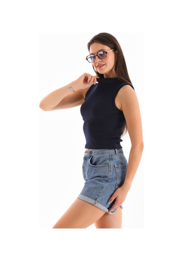 Kadın Likralı Kolsuz Crop Bluz Lacivert