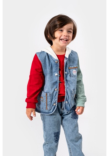 Overdo Kids Erkek Çocuk Renkli Kapüşonlu Kot Ceket Mavi