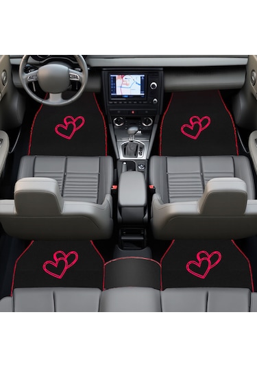 Aşkınızı Aracınıza Taşıyın Kalp Desenli Kırmızı Nakışlı Lüks Oto Paspas Seti & Romantik Şık Tasarım