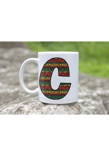 C Harfi Etnik Desenli Kupa - Afrika Tarzı Kahve Çay Kupası - Hediyelik - Black History Beyaz