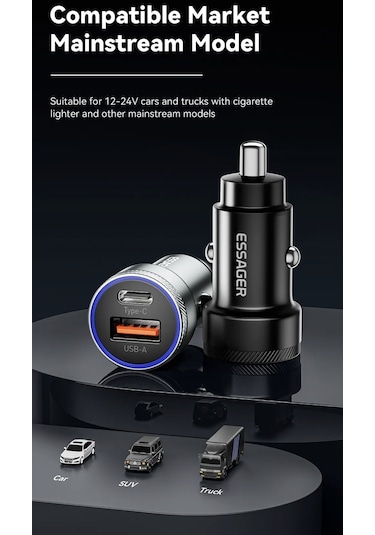 Essager 54w Hızlı Pd Araç Şarjı Type-c Ve Usb Çift Girişli Hızlı
