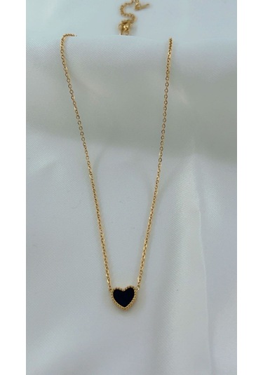 Kadın Özel İki Renkli Siyah Kırmızı Kalpli Çelik Kolye Altın