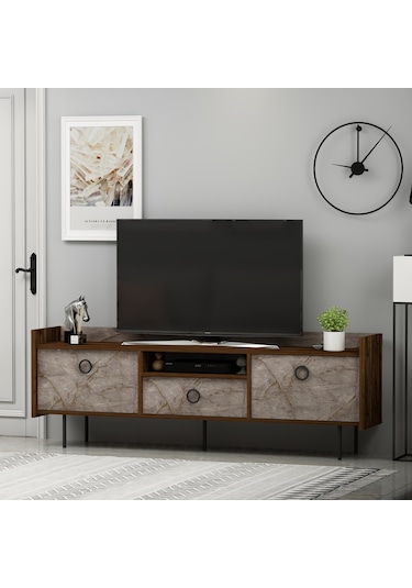 T0015 Lidya Kapaklı, Açık Raflı Tv Sehpası - Gordion Mermer/ceviz Gordion Mermer/ceviz