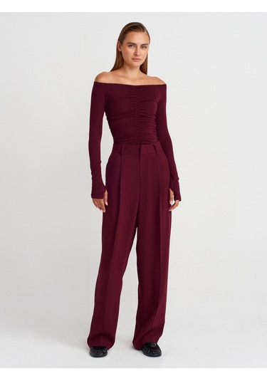 Dilvin 32089 Omuzları Açık Büzgülü Top-bordo Bordo