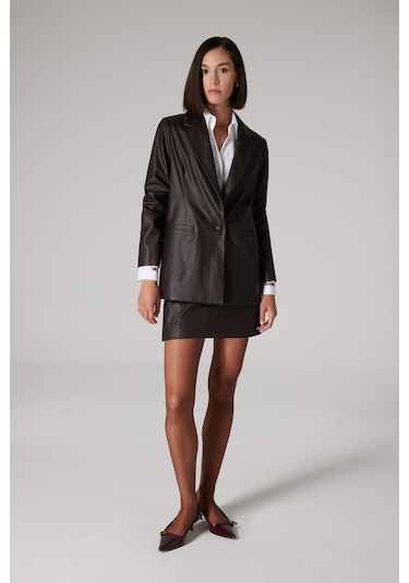 DeFacto x Sorbe A Kesim Yüksek Bel Suni Deri Mini Etek D9717AX24AUBN225 Kahve