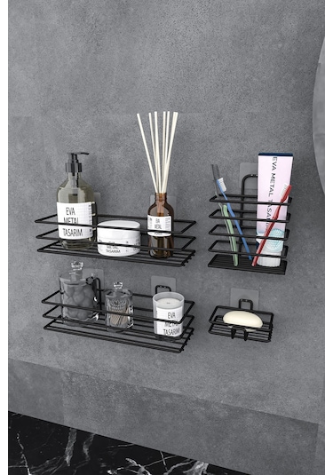 Eva Metal Tasarim Yapışkanlı Banyo Seti Duş Rafı + Sabunluk + Diş Fırçalık Metal Set Siyah