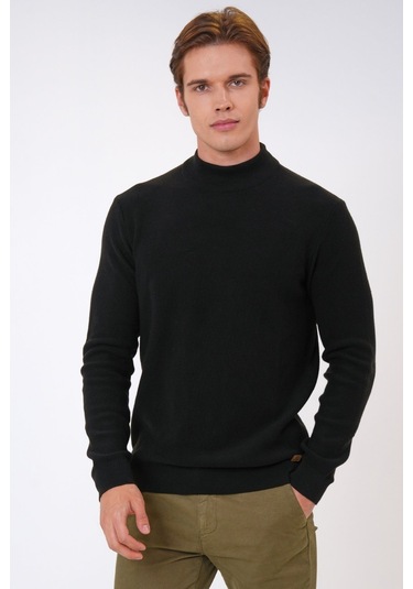 Siyah Regular Fit Pamuklu Yarım Balıkçı Yaka Triko Kazak-siyah Siyah