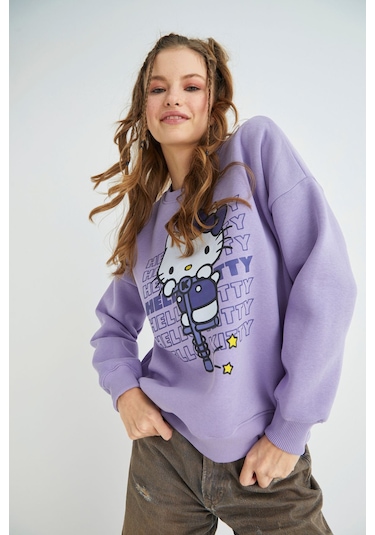 Hello Kitty Lisanslı Baskılı Kalın Oversize Sweatshirt Renkli
