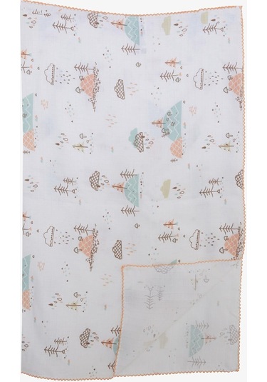 Breeze Yenidoğan Bebek Müslin Battaniye Yağmur Temalı Ağaç Desenli Ekru - Ekru