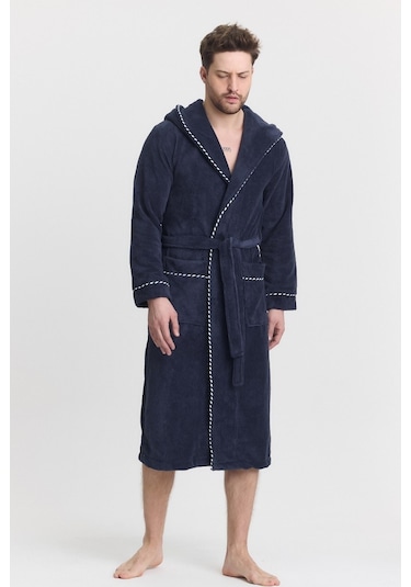 Mulberry Triga Erkek Bornoz %100 Pamuk Kapüşonlu Lacivert