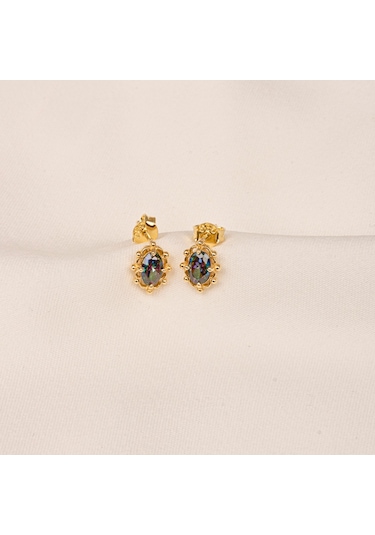 Altın Küpe - 14 Ayar Altın Vintage Tasarım Mistik Topaz Taşlı Küpe Sarı