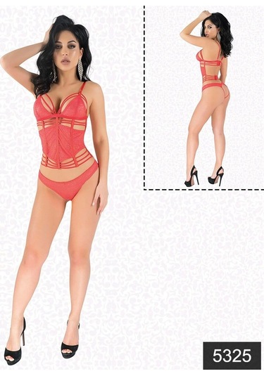 Bicomi Kırmızı Simli Dantel Büstiyer Takım Kırmızı