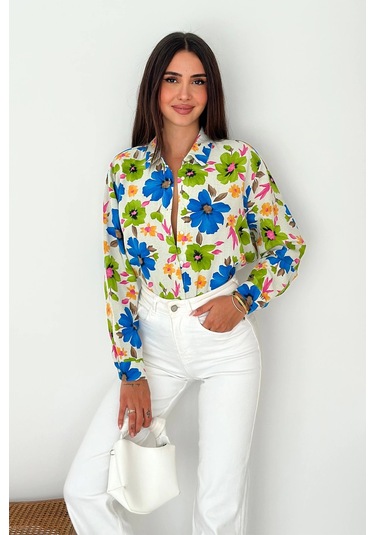 Çiçek Desenli Keten Gömlek DESENLI