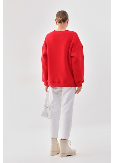 Kallima Oversize Baskılı İçi Polarlı Kırmızı Kadın Sweatshirt Kırmızı