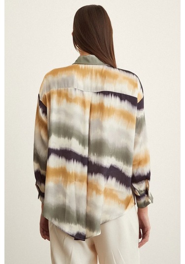 Kadın Uzun Kol Sulu Boya Desenli Renkli Pamuk Saten Premium Kalite Spor Şık Gömlek Haki