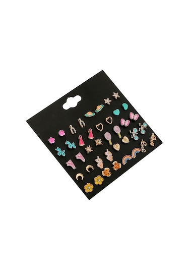 Chavin Çocuk Genç 20 Çift Mineli Figür Küpe Seti es91 Çok Renkli