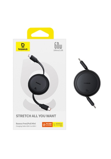 Baseus Free2pull Mini Makaralı Usb-c To Usb-c 100w Hızlı Şarj Ve Data Kablosu, Siyah 100 Cm