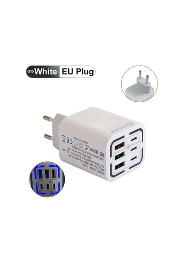 Xuweiwei Xjdr 50w Hızlı Şarj Cihazı Beyaz 6 Portlu Duvar Adaptörü Gösterge Işıkları BEYAZ