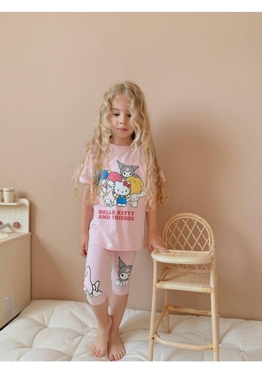 Kız Çocuk Kısa Taytlı Hello Kitty Kuromi Basklı Pamuk Takım Pembe