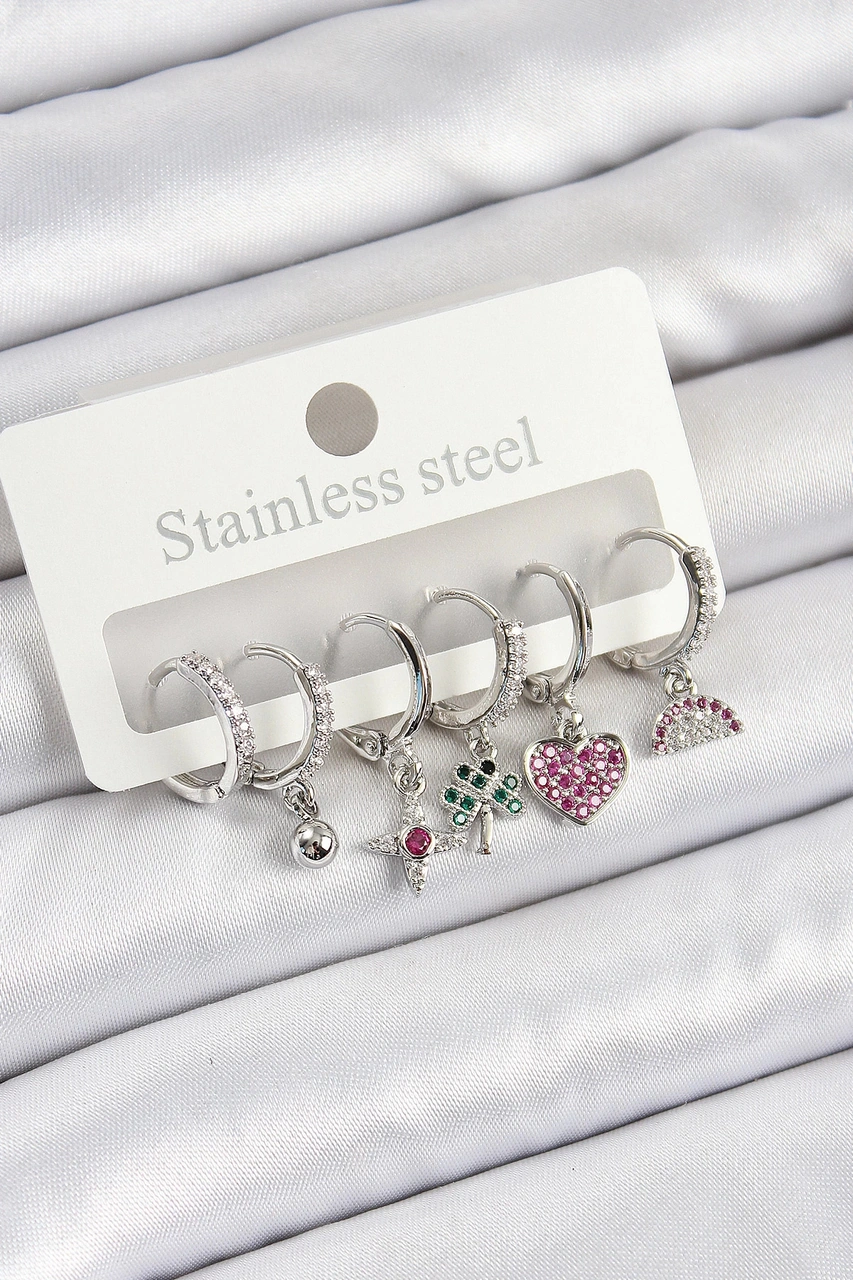 Dodes Dodes Pirinç Zirkon Taşlı Karpuz Yonca Kalp Pusula Karışık Model Gümüş Renk 6'lı Set Kadın Küp Çok Renkli