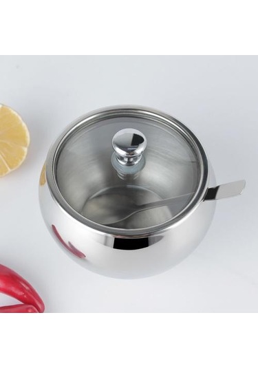 304 Paslanmaz Çelik Şeker Kasesi Ile Kapaklı Ve Kaşık Ev Ve Mutfak, Depolama Konteyner Baharim Şeker Baharat Kavanoz Şeker Ve Amp Krema Tencere Ahşap