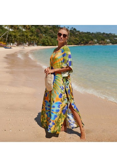 Edolynsa Kadınlar Zarif Kaftan Elbiseler Uzun Artı Boyutu Mayo Cover Up Resort Giyim Plaj Mayo Coverups Gevşek Loungewearq1464 Çok Renkli