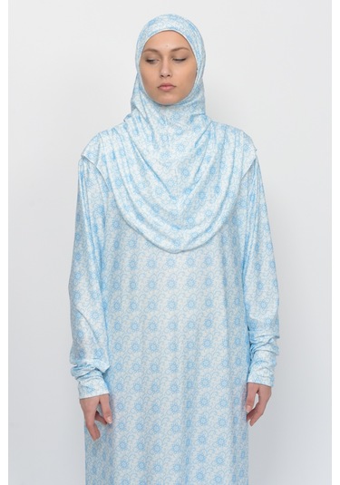 Pratik Tek Parça Güneş Desenli Kollu Tak Çıkar Başörtülü Likralı Tesettür Namaz Elbisesi 990-0302 Mavi Antrasit