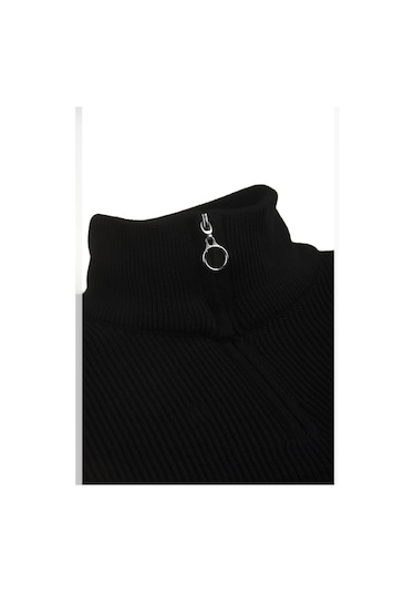 Deepsea Erkek Siyah Yarım Fermuarlı Oversize Kesim Triko Kazak Pamuklu Yumuşak Örgü Çizgili Kazak 2608513 Siyah