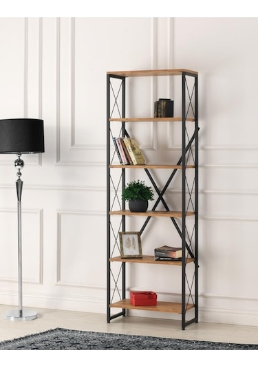 Ferforje Ahşap 5 Raflı Kitaplık 60x30x180 001