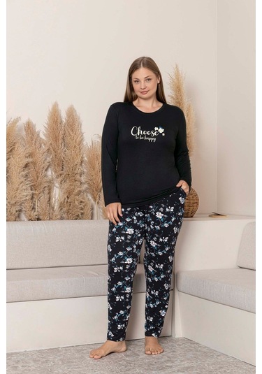 Kadın Bisiklet Yaka Düğmesiz Dökümlü Viskon Mevsimlik Uzun Kol Cepli Pijama Takımı Siyah Desenli
