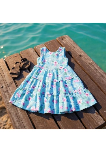 Çiçekli Kız Çocuk Elbise St09119 Turkuaz