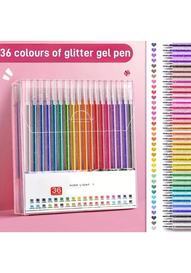 Honeybeeshop 36 Renk Parlayan Yıldız Glitter Jel Kalem Pastel Neon Floresan Vurgulayıcı Okul Sanat 36 Renk