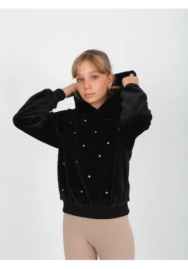 Kız Çocuk Peluş Taşlı Kapüşonlu Sweatshirt-14826 Siyah