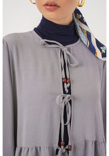 Kadın Önü Bağcıklı Tunik Pantolon İkili Takım 6744 - Gri Gri