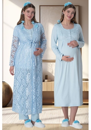 Mecit Pijama Mecit 6060 Bayan Mavi Sabahlık Gecelik Pijama Hamile Lohusa Set 001