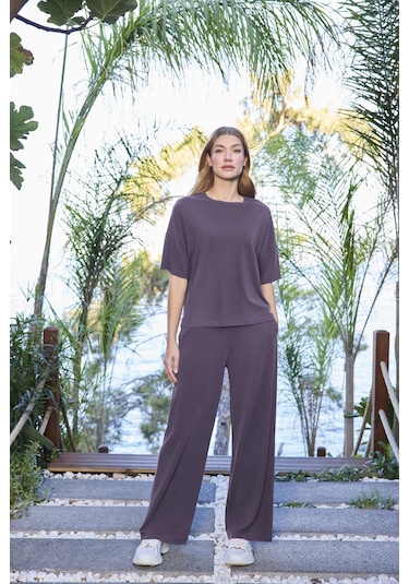 Monamise Kadın Kısa Kollu Bisiklet Yaka Alt Üst Takım 25081 Mor